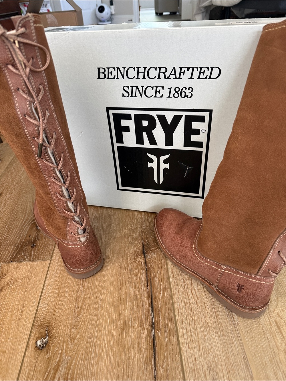 FRYE Women's Lace-Up Tall Leather Boots in Chestnut Brown